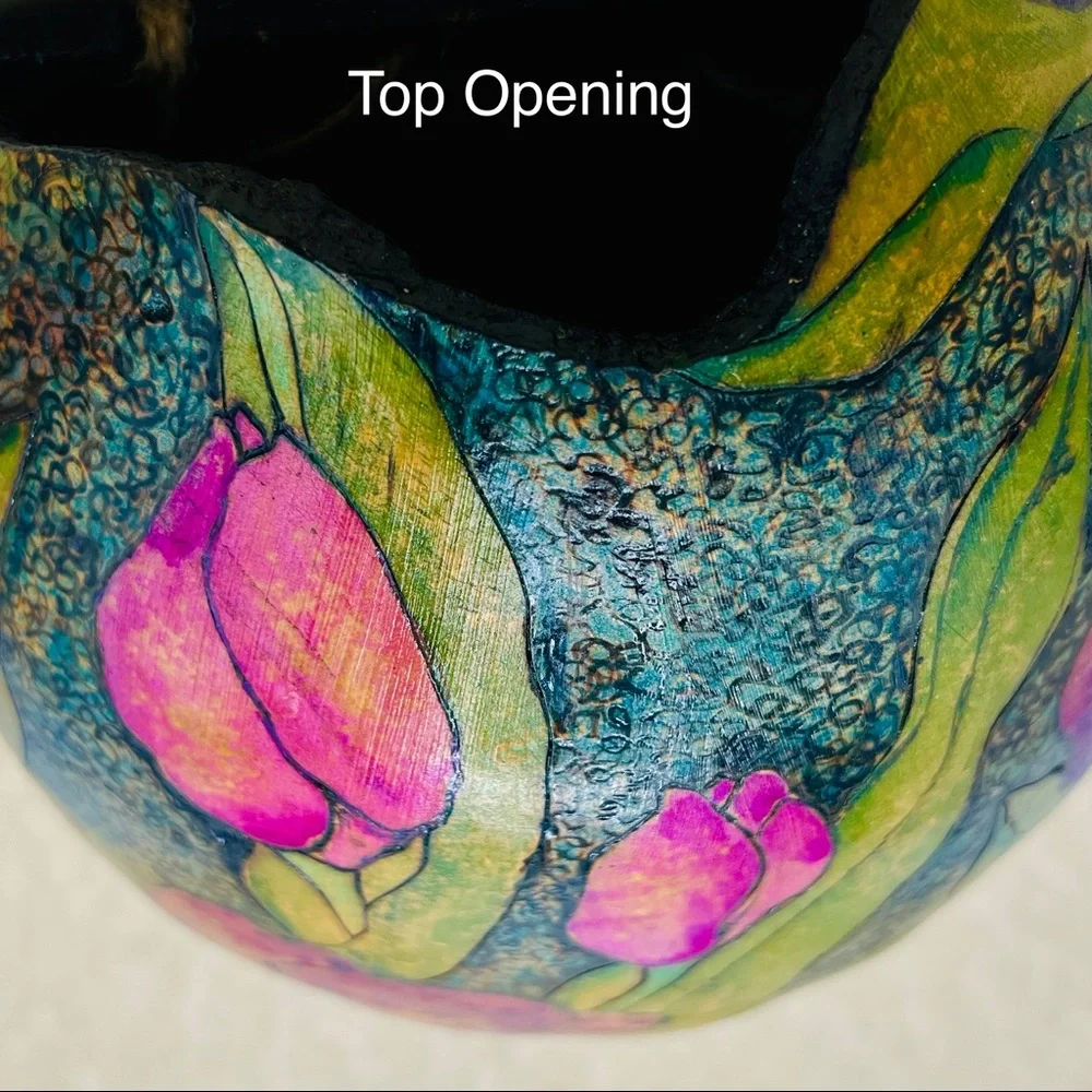 Hand Crafted Wall Pocket Pink Purple Tulips Original Gourd Art Air Plant Holder - Picture 9 of 17